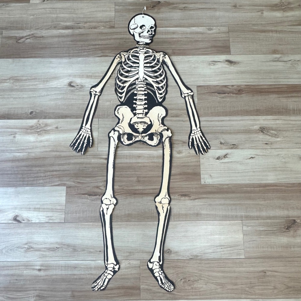 Vintage 55" Jointed Cardboard Skeleton Halloween Decoration Articulated USA READ